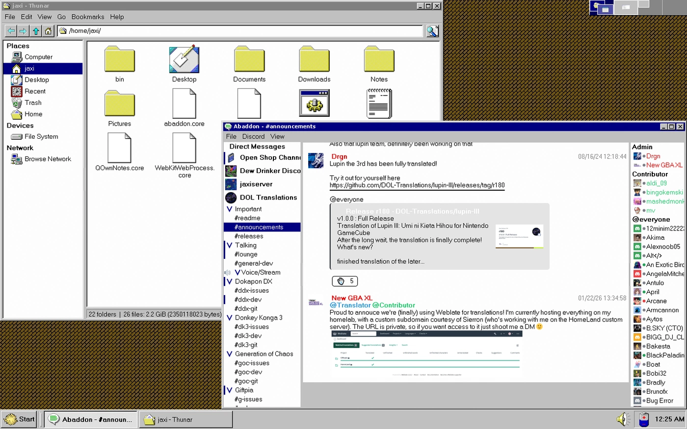 A screenshot showing Abaddon, open to a large server, and Thunar