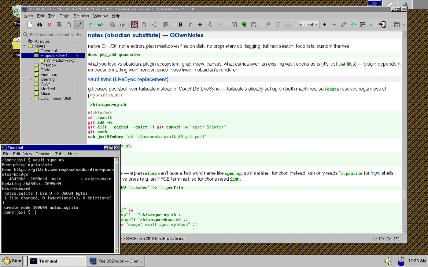 A screenshot showing an open QOwnNotes window with a BSDBook document open, and a small terminal emulator window open running a vault sync command