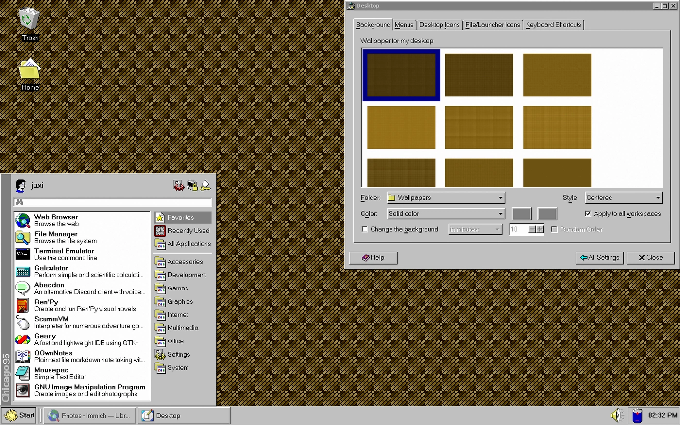 A screenshot showing my start menu, and the system settings dialog showing all of the tiled wallpapers.
