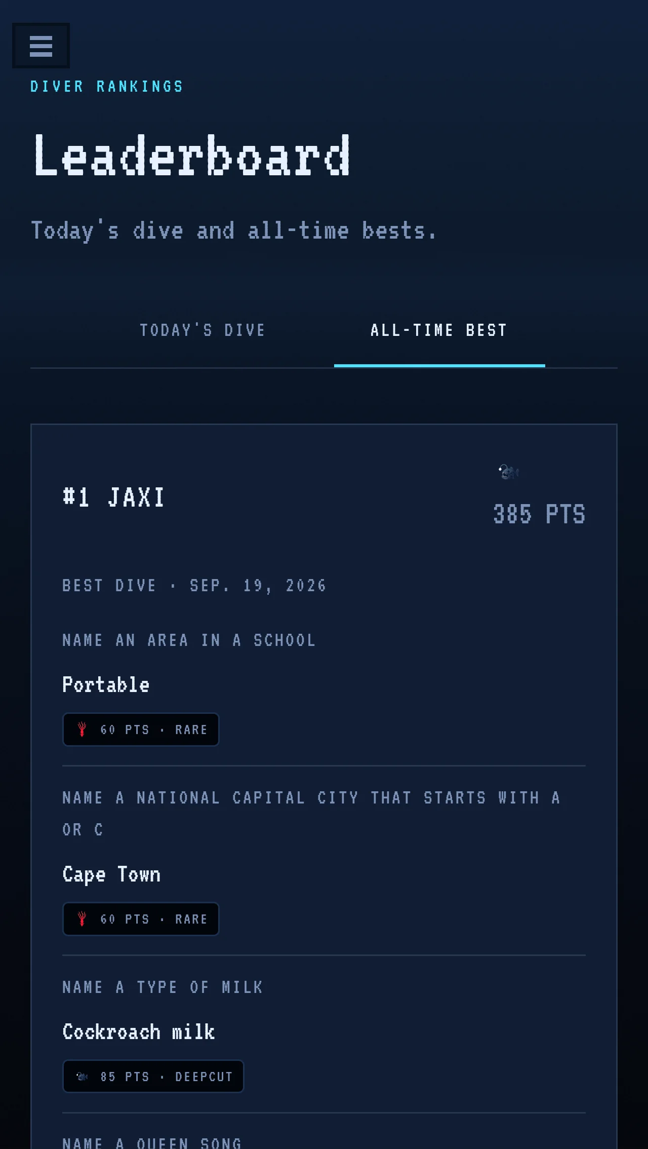 Zen Edition&rsquo;s leaderboard page showing all-time best scores with prompts, answers, and rarity badges