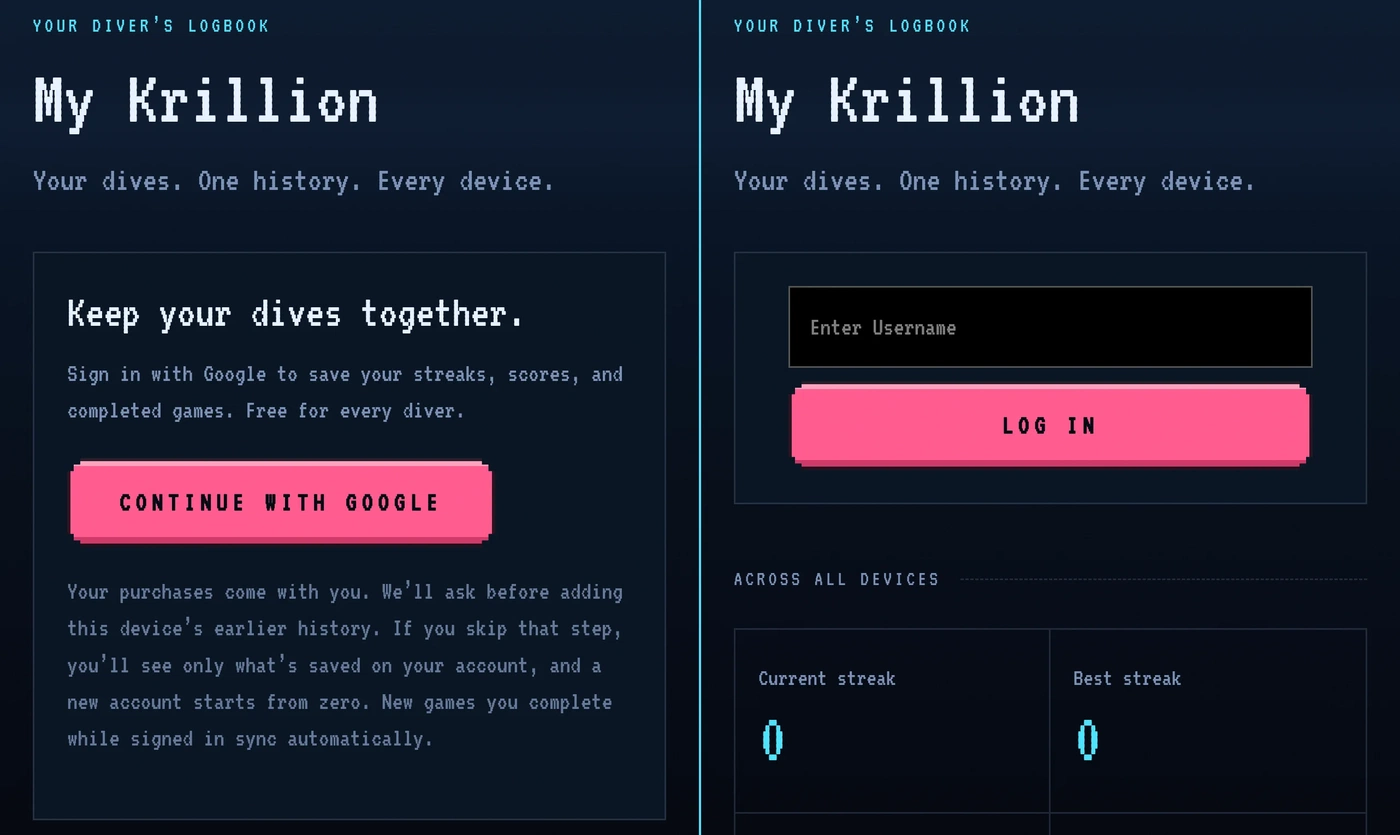 The original Krillion account page with Google OAuth sign-in compared to Zen Edition&rsquo;s simple username and login form