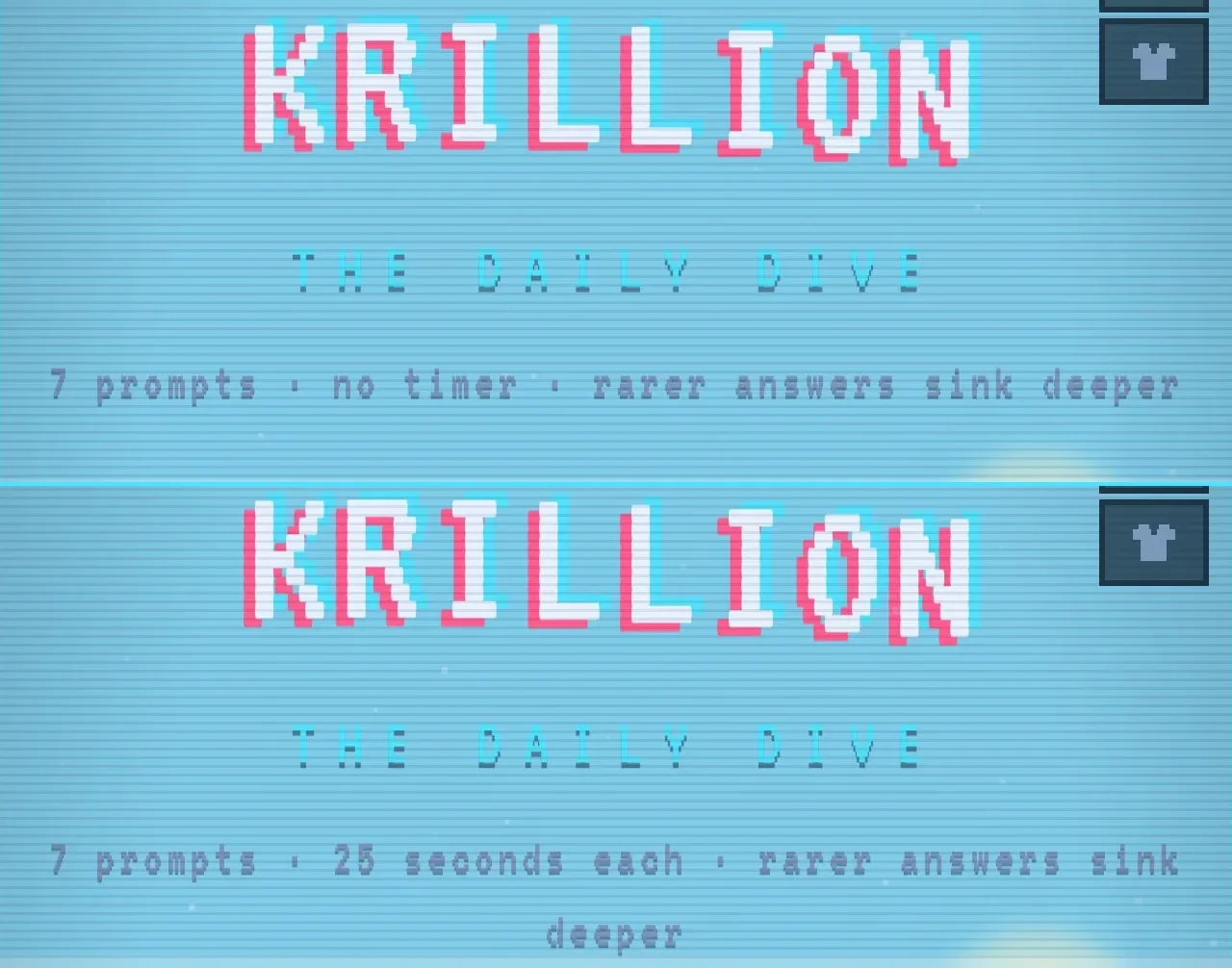 Krillion&rsquo;s main screen stacked: Zen Edition with no timer on top, the original with its 25-second countdown below