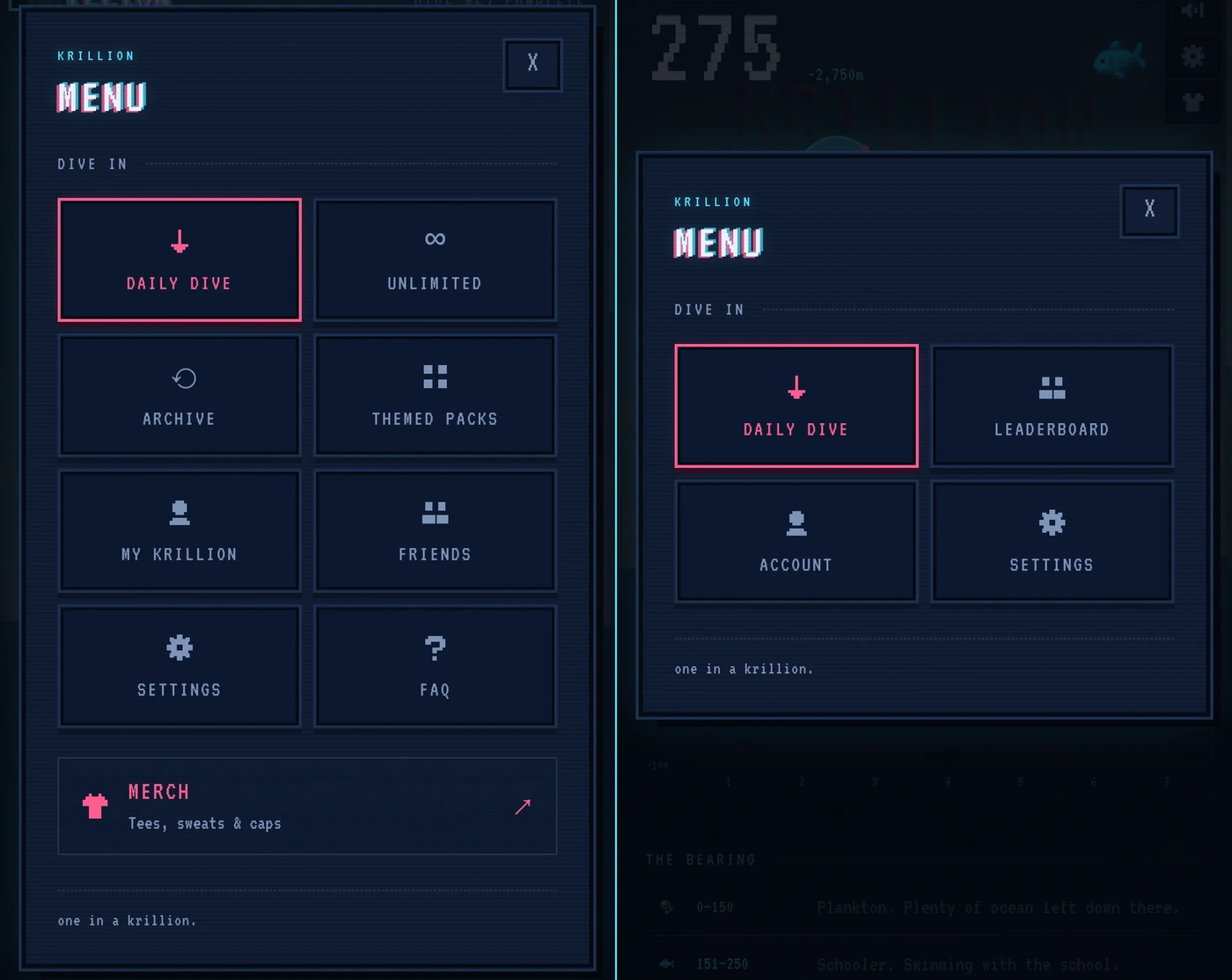 The original Krillion menu with eight options and a merch link compared to Zen Edition&rsquo;s streamlined four-button menu