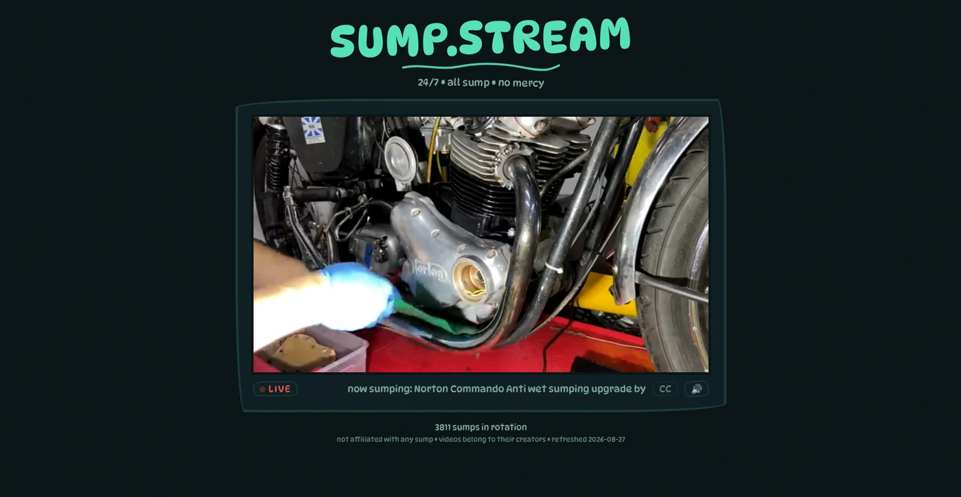 A screenshot of sump.stream, showing the page's title and a video playing